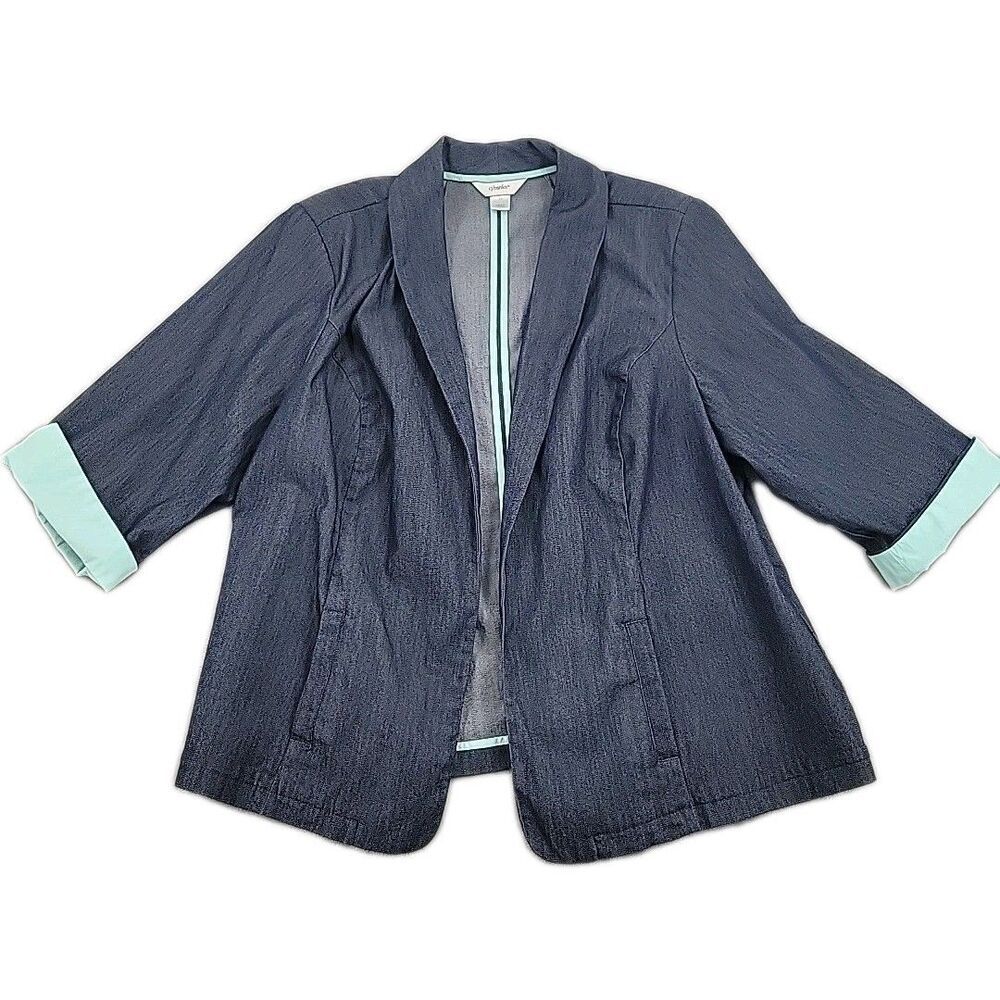 CJ Banks Womens Open Front Jacket Size 2X Blue Mint Green Trim 3/4 Sleeve Pocket